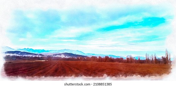 Plowed Field And Mountains. Prepared Field For Sowing. Late Fall. Watercolor Drawing. Illustration.