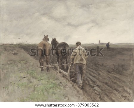 Plowing Farmer, 1848-88, Dutch watercolor painting by Anton Mauve. In distance another farmer sows seeds. In far distance is the steeple of a church.