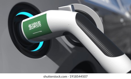 Plug In A Modern Electric Car With Flag Of Saudi Arabia. Conceptual  Animation 3D Rendering