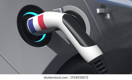 Plug In A Modern Electric Car With Flag Of France. Conceptual  Animation 3D Rendering