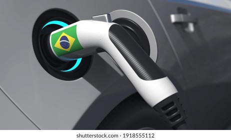 Plug In A Modern Electric Car With Flag Of Brazil. Conceptual  Animation 3D Rendering