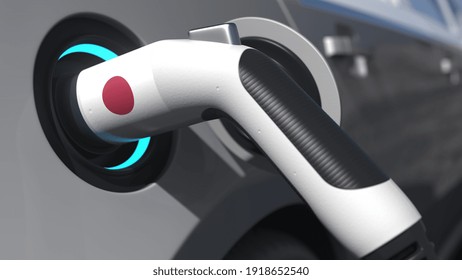 Plug In A Modern Electric Car With Flag Of Japan. Conceptual  Animation 3D Rendering