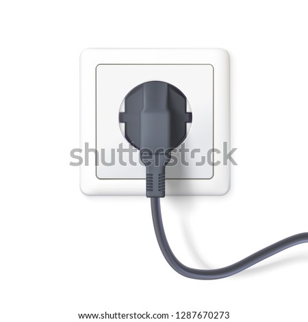 Plug plugged into the power lines. Plug inserted in wall socket. Icon of device for connecting electrical equipment. 3D illustration isolated on white background.