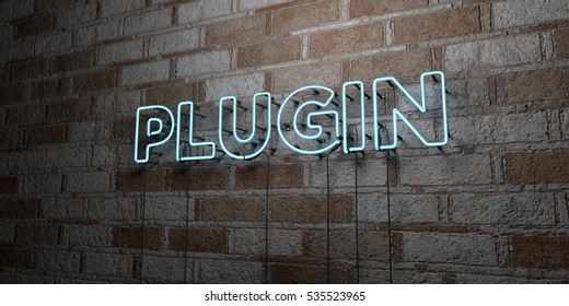 PLUGIN - Glowing Neon Sign on stonework wall - 3D rendered royalty free stock illustration.  Can be used for online banner ads and direct mailers.