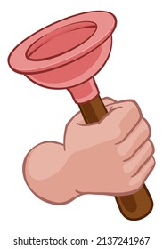 A plumber cartoon hand in a fist holding a plumbers toilet or sink plunger