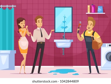 Plumber coming to remove the blockage in pipe and family couple in bathroom interior flat  illustration