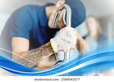Plumber fixing a faucet, wearing gloves and a cap. Focus on the plumbing task, with a blurred background. Professional plumbing service in action.