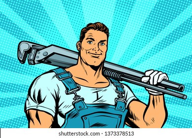 plumber worker with adjustable wrench. Pop art retro  illustration vintage kitsch - Powered by Shutterstock