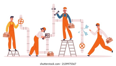 Plumbers characters fixing pipes, plumbing repair service. Professional plumbers fixing leakage or repair heating system  illustration. Plumbing service workers standing on ladder with wrench - Powered by Shutterstock