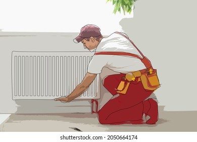 Plumbers Service, Heating Pipes Replacement. Worker Character with Spanner and Level Tools Repairing, Installing House Heating Pipeline Tubes. Water Heating, Pipe Plumbing Illustration - Powered by Shutterstock