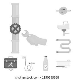 Plumbing, fitting monochrome icons in set collection for design. Equipment and tools bitmap symbol stock web illustration.