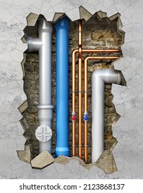 Plumbing pvc and copper pipes behind the damaged wall with a hole in it, 3d illustration