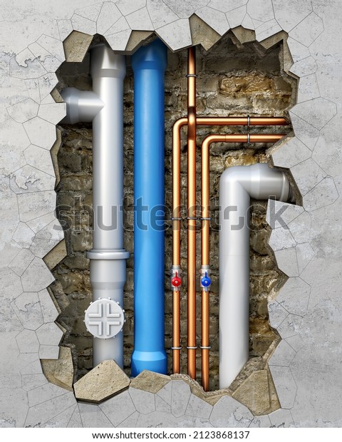 Plumbing pvc and copper pipes behind the\
damaged wall with a hole in it, 3d\
illustration
