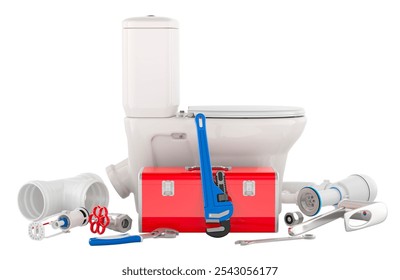 Plumbing repair service, concept. Toilet bowl with construction tools. 3D rendering isolated on white background - Powered by Shutterstock