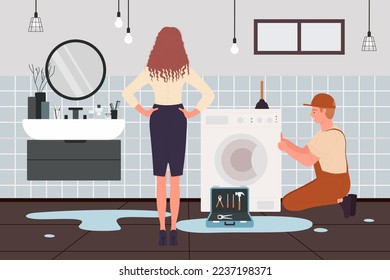 Plumbing repair service illustration. Cartoon business woman character standing near broken washing machine with puddles of water on bathroom floor, plumber man with toolbox repairing equipment - Powered by Shutterstock