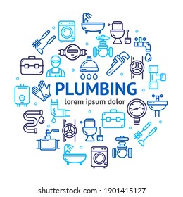 Plumbing Signs Round Design Template Thin Line Icon Concept For Marketing And Advertising On A White. Illustration