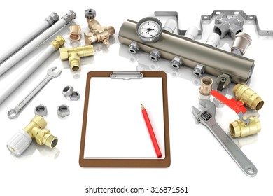 plumbing and tools with a notebook to write text