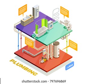 Plumbing Two Story House Water Heating System Isometric Set Of Boiling Room Bathroom And Kitchen  Illustration 