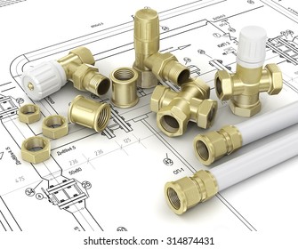 Plumbing valves and hoses in the drawings