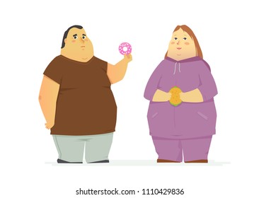 Plump couple eating unhealthy food - cartoon people characters isolated illustration on white background. An image of overweight sad man and smiling woman holding donut and hamburger