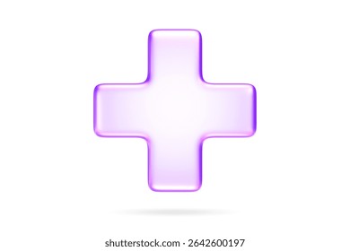 Plus icon with soft glassmorphism effect, symbolizing add, increase, or create in modern UI applications, healthcare symbol medical cross, 3d rendering