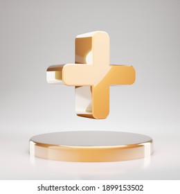 Plus Icon. Yellow Gold Plus Symbol On Golden Podium. 3D Rendered Social Media Icon.