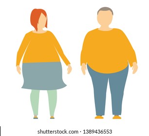 Plus Size Man And Woman. Body Positive Concept. I Love My Body. Attractive Overweight Couple. For Fat Acceptance Movement, No Fatphobia. Illustration On White Background