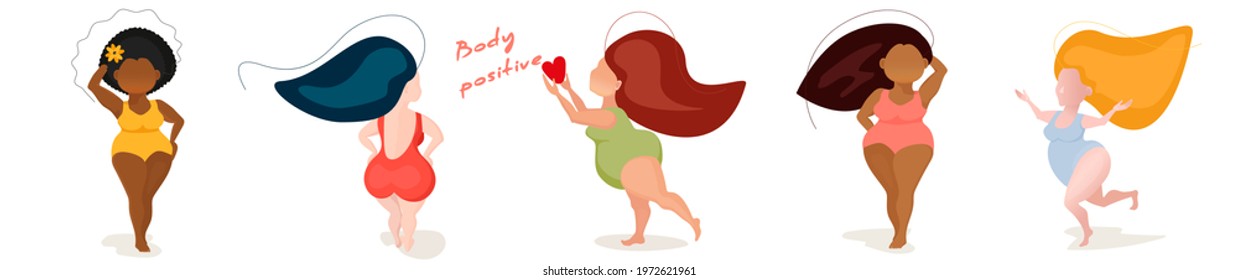 Plus size models in swimwear,group of women of different races,  positive body concept, standing on white background. love your beautiful body. - Powered by Shutterstock