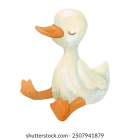 Plush sleeping duckling or gosling. Watercolor illustration of white soft toy duck or goose for kid products or nursery room. Isolated hand drawn clipart of stuffed poultry doll for cards or packaging - Powered by Shutterstock