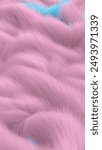 The plush woolen background in soft pink with blue reflections gently sways and swirls in the wind. Futuristic 3D background of pastel gradient color plush hair 4K