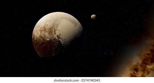 Pluto Planet with Charon Moon 3d illustration - Pluto is a dwarf planet and it's moon Charon that orbits the sun in the Kuiper Belt.