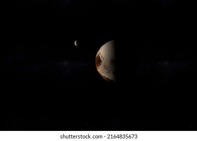 Pluto planet and Charon moon in the outer space. 3d render