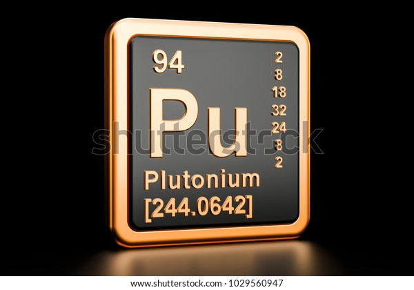 Plutonium Pu, chemical element. 3D rendering\
isolated on black\
background