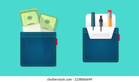 Pocket With Money Cash Icon And With Pen Pencils Holder Denim Protector Flat Cartoon Illustration Image