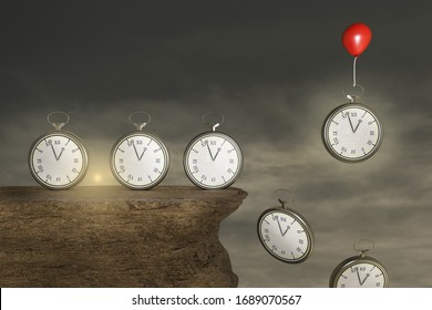 Pocket watches on a stone cliff with a red balloon help to escape one pocket watch from falling in a sunset day. Deadline or business time or control for period and break overtime concept. 3d Render