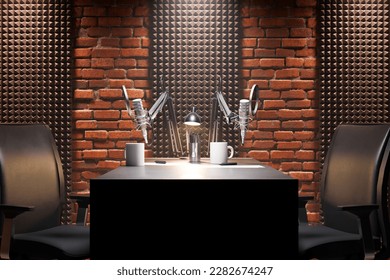 Podcast audio recording items in a climatic broadcasting studio. On-air sign. Professional microphones, comfortable chairs with a table in a bright studio with white walls.  Audio record. Journalism. - Powered by Shutterstock