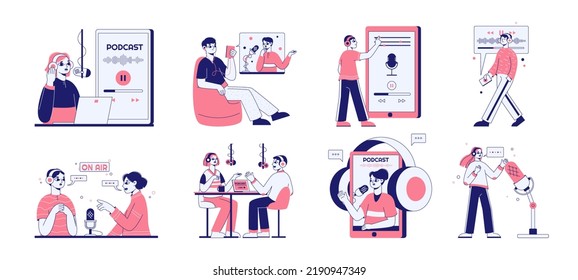 Podcast recording characters, radio broadcast concept scenes. Podcasting radio hosts and audio record listeners characters flat symbols illustrations. Online podcast set - Powered by Shutterstock