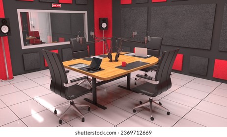 Podcast recording studio, with microphones and equalizer for recording online radio broadcasts, with black soundproof wall.3d rendering. - Powered by Shutterstock