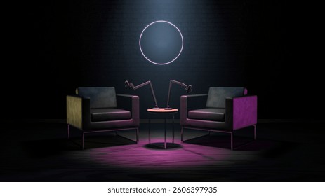 Podcast studio setup. Dark studio with a empty shape for your logo in the center of composition, two chairs, desk, microphones and a brick wall. 3d rendering