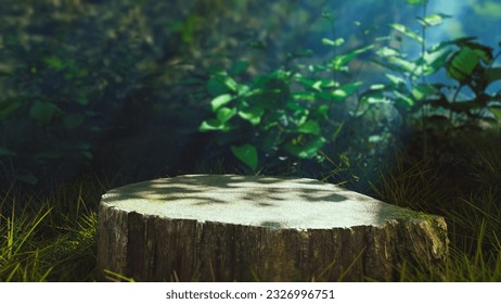 Podium background with a tree trunk as a stand with the concept of nature, 3d rendering