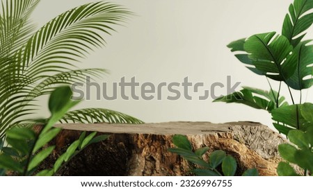 Podium background with a tree trunk as a stand with the concept of nature, 3d rendering