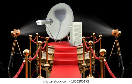 Podium With Communication Satellite Dish With Satellite Modem, 3D Rendering Isolated On Black Background