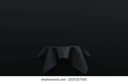 Podium covered with black cloth for presenting various fashion products. Illustration 3. - Powered by Shutterstock