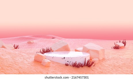 Podium in the desert with small bushes and stones, a stand for cosmetics or goods - 3D rendering