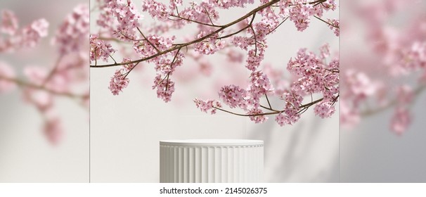 Podium Display And Cherry Blossom Spring Season With White Background, Podium Showcase For Beauty And Cosmetics Product, 3d Illustration.