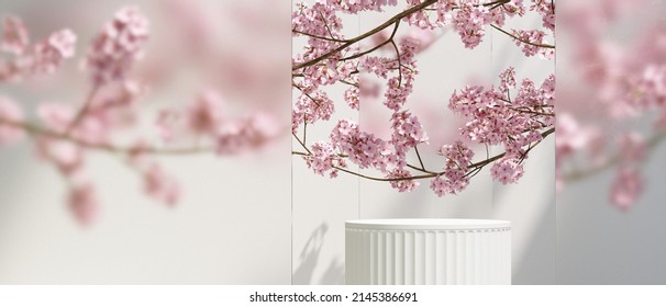 Podium Display Cosmetic Background. Cherry Blossom Spring Season With White Background, Podium Showcase For Beauty And Cosmetics Product, 3d Illustration.