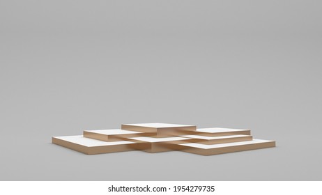 Podium For Displaying Goods. Gold, White Rectangular Stand On A Grey Background. Pedistal For The Exhibition. 3d Render.