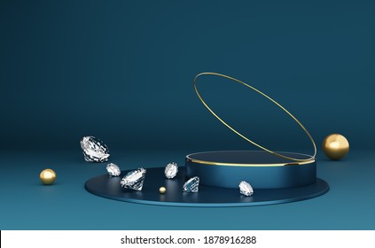 Podium Empty With Diamond And Geometric Shapes In Blue Composition For Modern Stage Display And Minimalist Mockup, Abstract Showcase Background. Concept 3d Illustration Or 3d Render