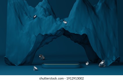 Podium Empty With Diamond And Geometric Shapes In Blue Composition For Modern Stage Display And Minimalist Mockup, Abstract Showcase Background. Concept 3d Illustration Or 3d Render