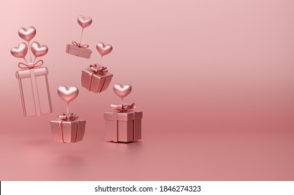 Podium Empty With Geometric Shapes And Gift Box In Pink Pastel Composition For Modern Stage Display And Minimalist Mockup, Birthday Balloons And Party Or Celebrations, 3d Illustration Or 3d Render